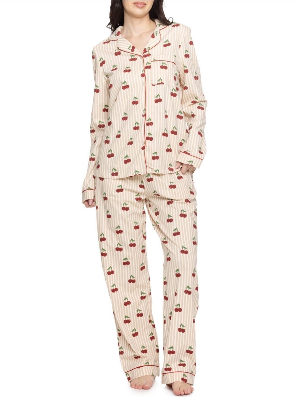 Chelsea Peers Organic Cotton Cherry Print Notch Collar Long Sleeve Pant PJ Set